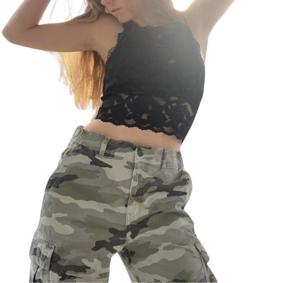 H&M black lace sheer top with tie up straps/back. - Picture 2 of 4